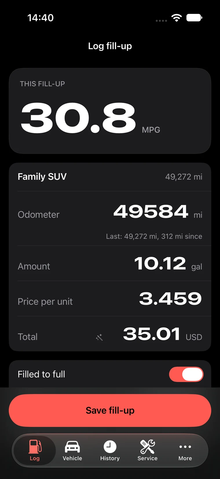 Full Tank Log screen: 30.8 MPG for this fill-up